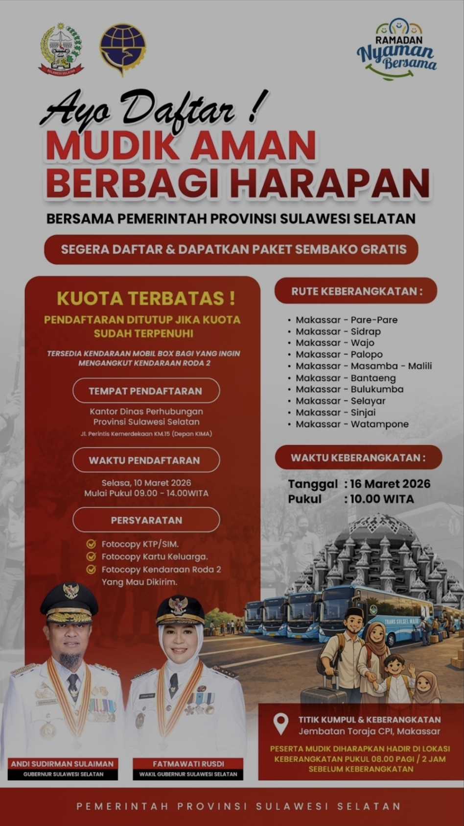 Sediakan Bus dan Paket Sembako. Pemprov Sulsel Buka Pendaftaran “Mudik Aman Berbagi Harapan”